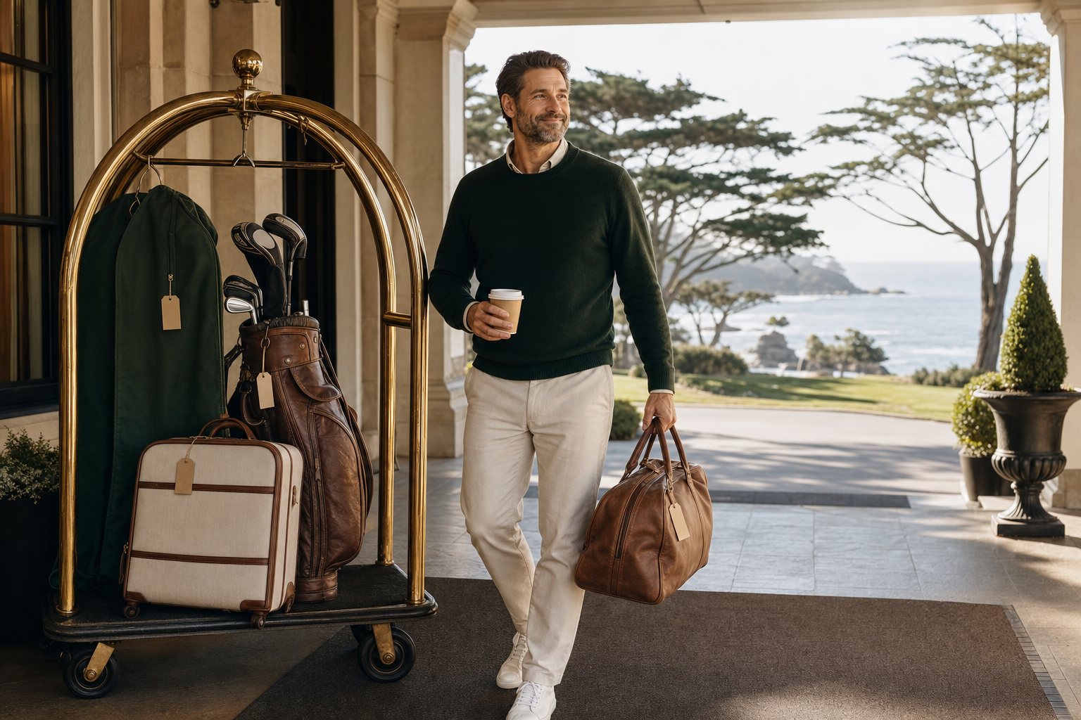 A golfer arriving at a coastal clubhouse where a brass bell cart holds a matched golf travel bag and weekender