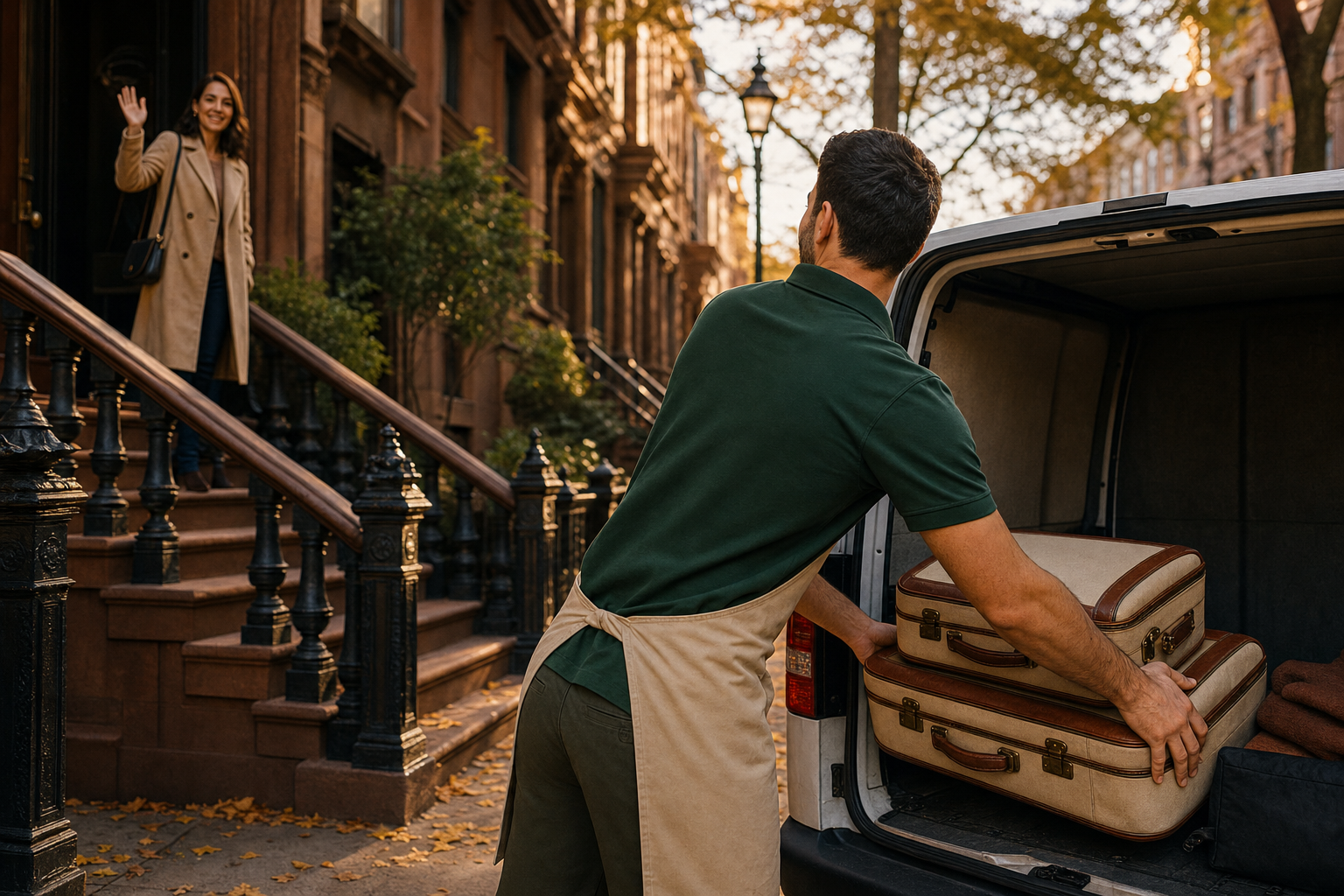 A Waylighter courier loading two matched leather suitcases into a cargo van outside a Manhattan brownstone at golden hour