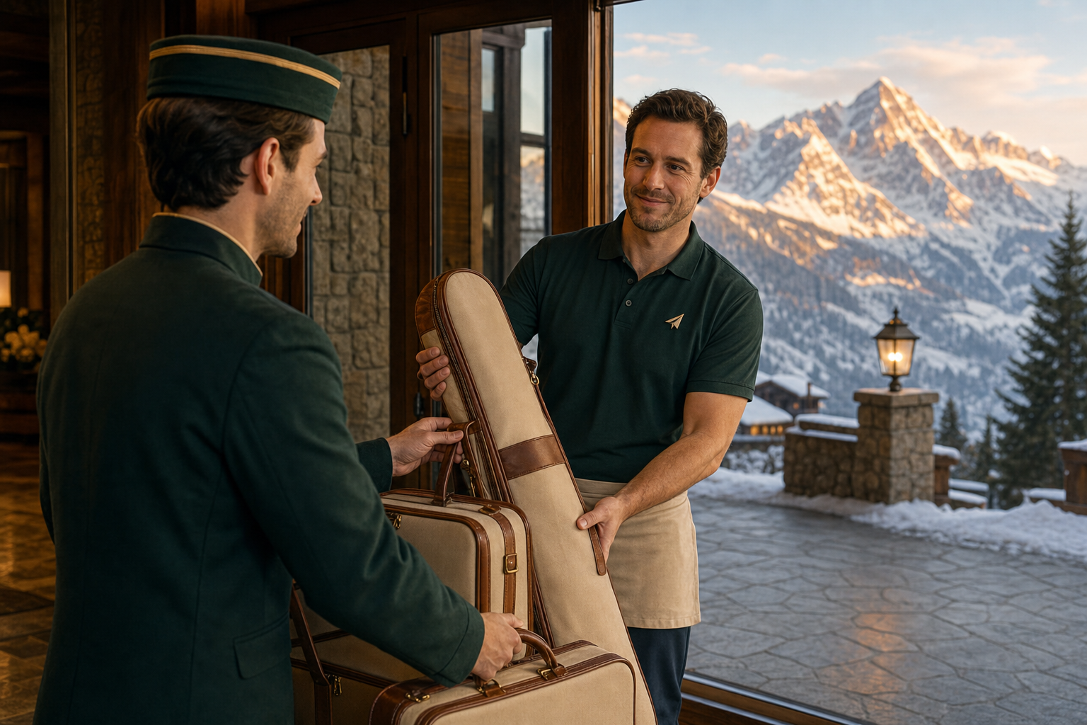 A resort bellhop receiving a ski bag from a Waylighter courier at a mountain lodge at alpenglow