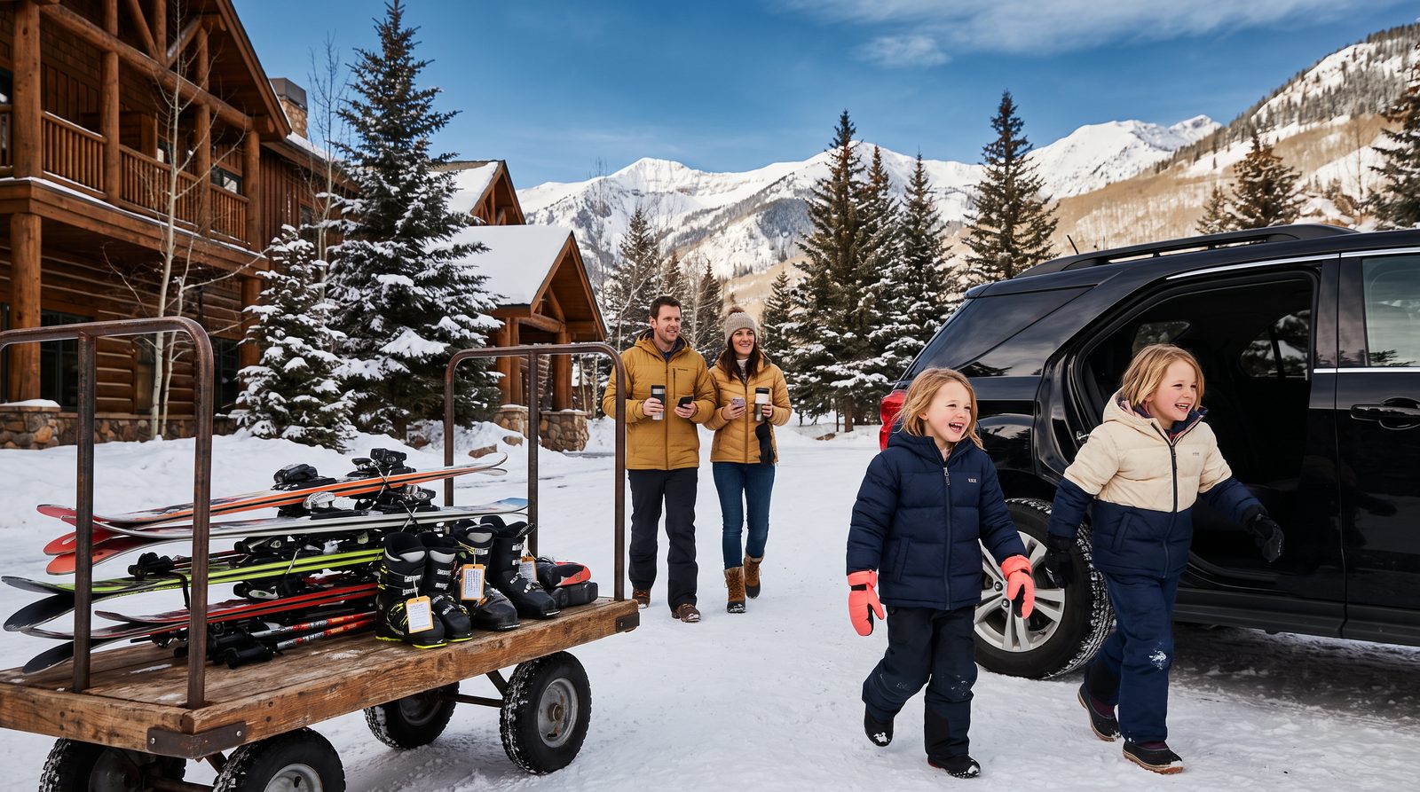 A family walks toward a ski lodge in Colorado. The children run ahead empty-handed while their parents follow with coffee cups. A wooden cart already holding their skis, poles, and boots sits waiting outside the lodge.