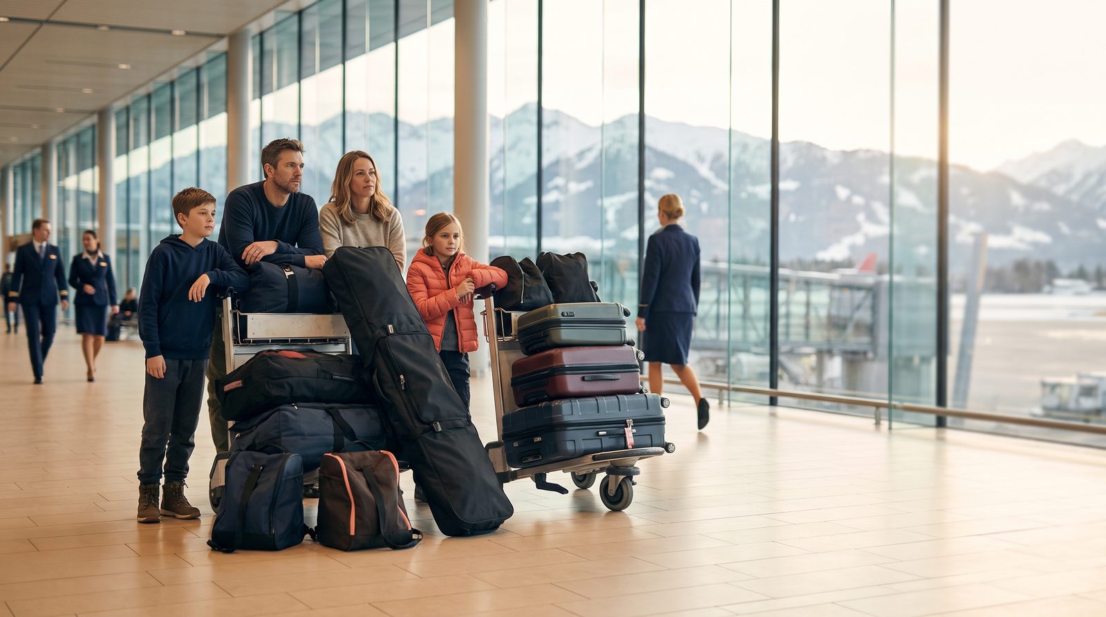 A family of four beside a luggage cart piled with ski bags.