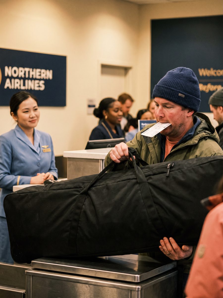 A father in a knit hat hoists a large black ski bag onto an airline check-in scale with a boarding pass held in his teeth.