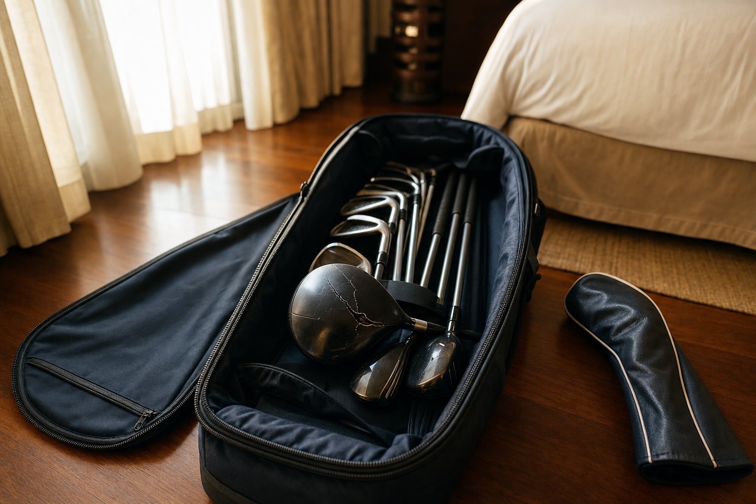 A soft-shell golf travel bag opened on a hotel room floor, revealing a driver with a cracked crown.