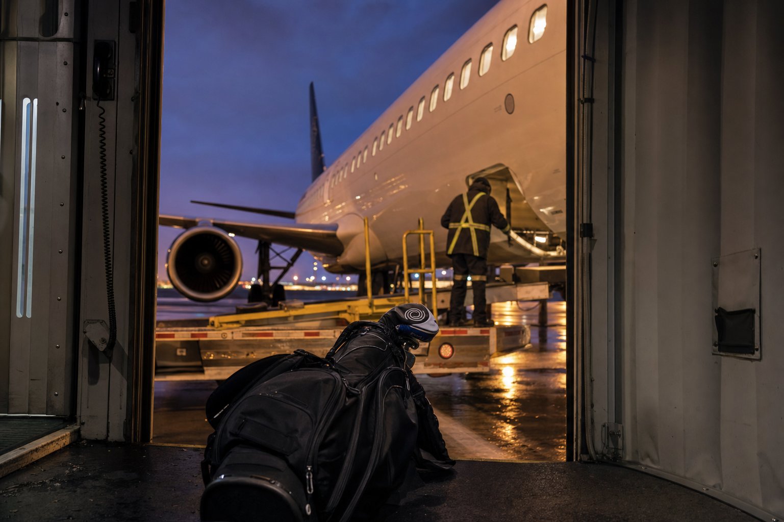 A golf travel bag at the jet bridge threshold at dusk.