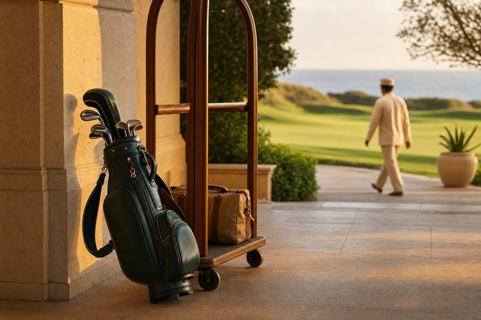 A golf bag with clubs propped against the wall at the entrance to a coastal golf resort at golden hour, ocean and fairway visible beyond.