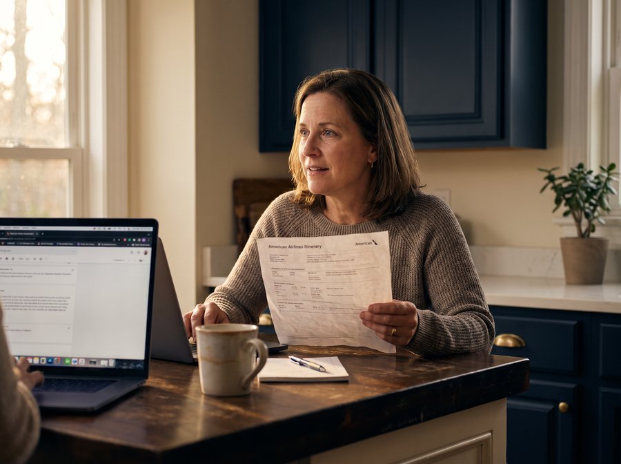A traveler at a kitchen island doing airline math on a laptop with a printed itinerary.