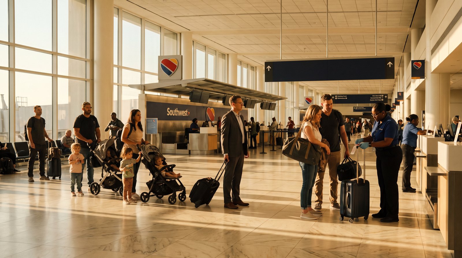 Travelers wait at a Southwest Airlines check-in counter with rolling bags and a stroller.